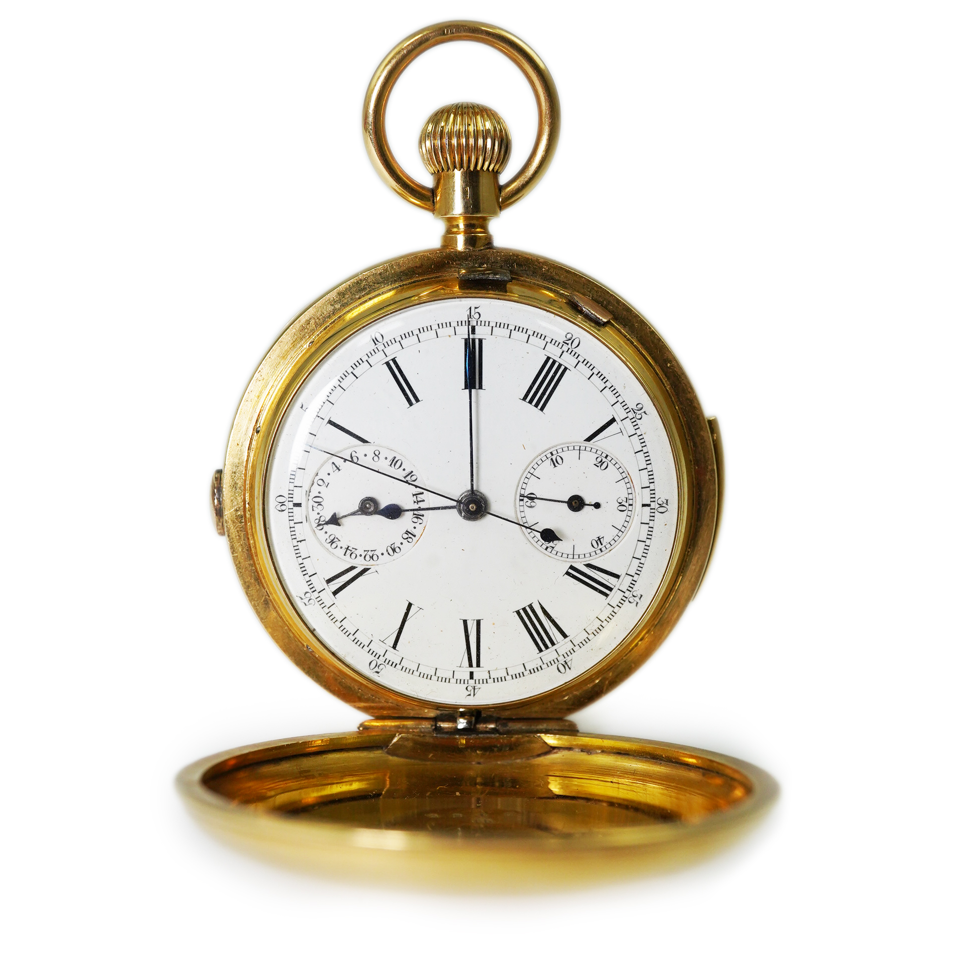 A Swiss 18k gold hunter repeating chronograph keyless pocket watch